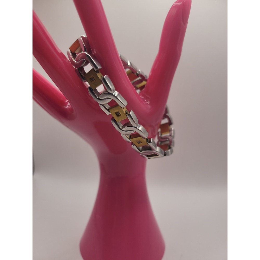 Stainless Steel Two Tone Link Bracelet Gold Silver Clear Rhinestone Statement